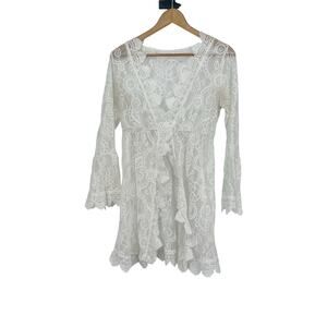 White Crochet V-Neck Long Bell Sleeve Sheer Swim Cover Up Beach Dress Boho Girly